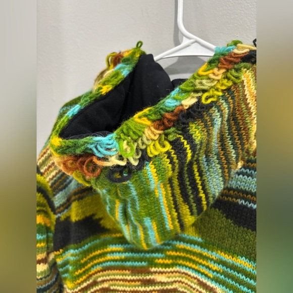 100% Wool Jacket Chunky Pixie Hood Knit Unisex Boho Fleece Lined Warm Cardigan - Picture 4 of 11